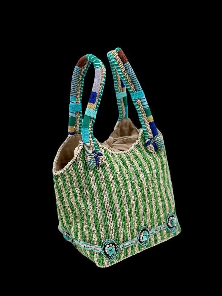Green Stripe Beaded Tote