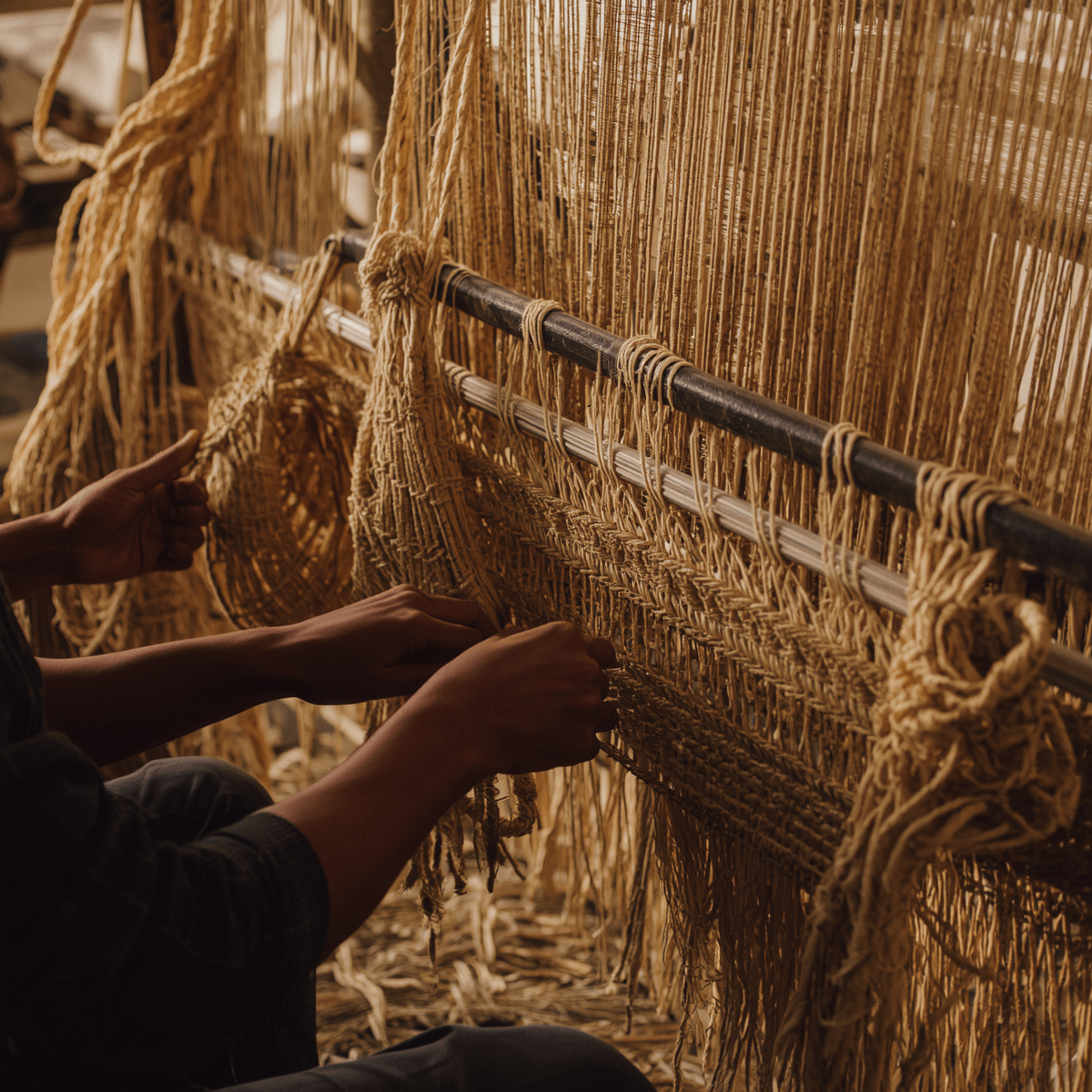 Artisans weaving jute bags